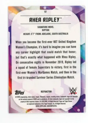 2020 Topps Chrome WWE NXT RHEA RIPLEY Real Logo Rookie Card RC REFRACTOR #97 back