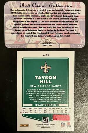 Taysom Hill Auto COA New Orleans Saints Panini Donruss Football back