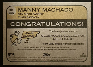 2022 Topps Heritage Manny Machado Clubhouse Collection Game-Used Jersey #CC-MMO back