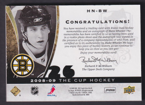 BLAKE WHEELER - 2008 The Cup Honorable Numbers Auto Patch #HN-BW, /26 back