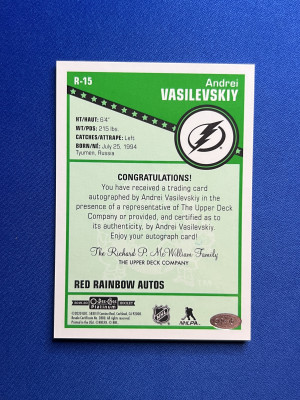 2019-20 O Pee Chee Platinum - Andrei Vasilevskiy Red Rainbow Auto #R-15 back