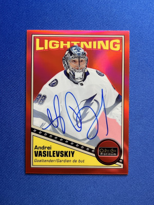 2019-20 O Pee Chee Platinum - Andrei Vasilevskiy Red Rainbow Auto #R-15 front