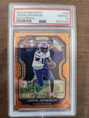 2020 Panini Prizm Justin Jefferson Orange Disco PSA 10 front