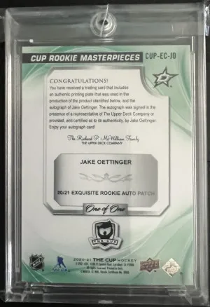 Jake Oettinger The Cup Rookie Masterpieces Black Printing Plate Auto 1/1 back
