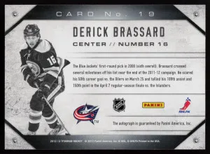2012-13 Panini Titanium DERICK BRASSARD Metallic AUTO AUTOGRAPH Blue Jackets #19 back