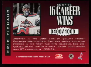 1997 Donruss Limited ERIC FICHAUD FABRIC OF THE GAME /1000 New York Islanders 56 back