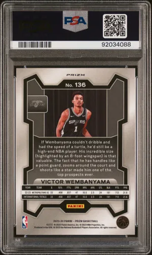 2023 Panini Prizm Victor Wembanyama #136 Rookie PSA 10 San Antonio Spurs back