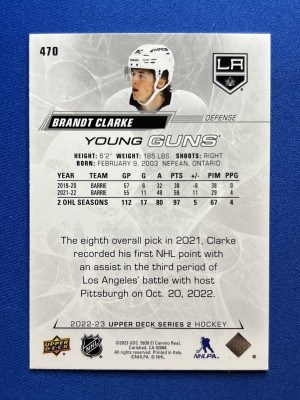 2022-23 Upper Deck Series 2 Brandt Clarke Young Guns RC #470 back