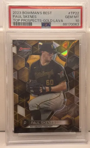 2023 Bowmans Best Top Prospects Paul Skenes Gold Lava /75 PSA 10 front