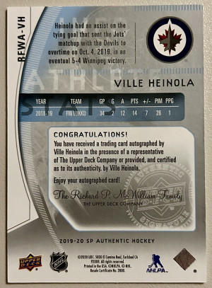 Ville Heinola Retro Future Watch Auto /399 2019-20 Upper Deck Winnipeg Jets SP back