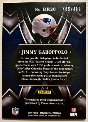 2014 Panini Jimmy Garoppolo Crown Royale Royalty Materials /499 #RR20 Rookie RC back