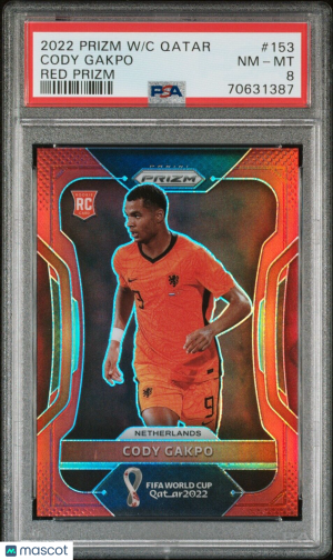 2022 Panini Prizm FIFA World Cup Cody Gakpo #153 Red /399 RC Netherlands PSA 8 front
