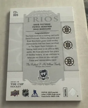 2018-19 The Cup Trios Jerseys David Pastrnak/Patrice Bergeron/Brad Marchand /33 back