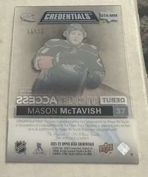 MASON MCTAVISH 2021-22 UD CREDENTIALS DEBUT TICKET ROOKIE AUTO 67/99 ACETATE RC back