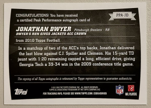 2010 Topps Peak Performance Auto Jonathan Dwyer #PPA-JD Rookie Auto RC back