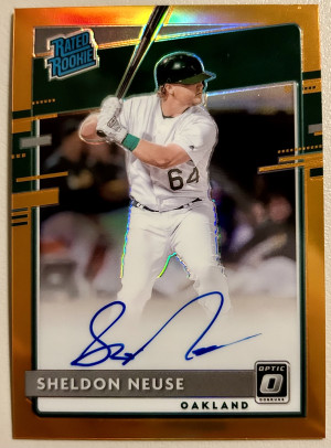 2020 Panini Donruss Optic Sheldon Neuse /99 Orange Prizm Rookie Auto Athletics front