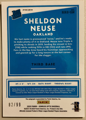 2020 Panini Donruss Optic Sheldon Neuse /99 Orange Prizm Rookie Auto Athletics back