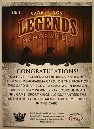 2018 Sportkings Legends Memorabilia #LSM1 Ray Bourque Black Patch Boston Bruins back
