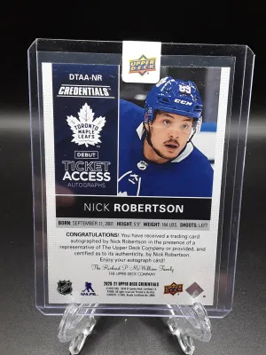 2020-21 Upper Deck Credentials Nick Robertson Debut Ticket Access Auto #'d /199 Maple Leafs back