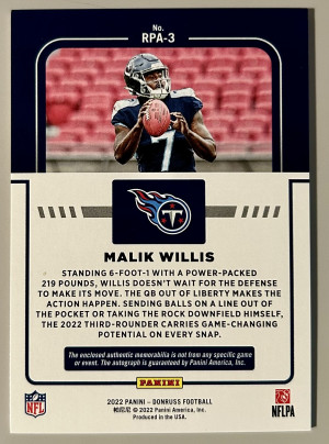 2022 Panini Donruss #RPA-3 MALIK WILLIS RC Auto Jersey Rookie PHENOM Premium /99 back