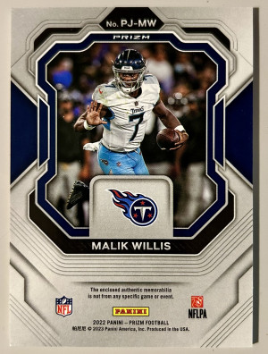 2022 Panini Prizm MALIK WILLIS Silver Prizm Relic Jersey Patch Rookie #PJ-MW RC back
