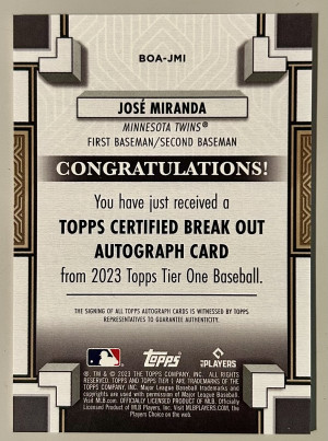 2023 Topps Tier One #BOA-JMI Jose Miranda RC Rookie Breakout Auto Twins /299 back