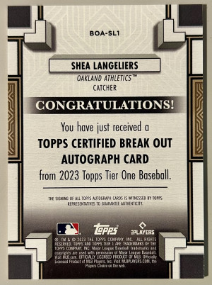 2023 Topps Tier One Break Out Auto Shea Langeliers /299 #BOA-SL1 Rookie Auto RC back