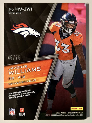2022 Spectra High Voltage Jersey Hyper Prizm #22 Javonte Williams Broncos RB /75 back