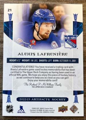 2022-2023 ARTIFACTS - ALEXIS LAFRENIERE - Dual Jersey /249 back