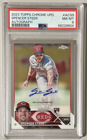 2023 Topps Chrome Update SPENCER STEER RC AUTO PSA 8 #ACSS Reds front