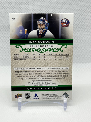 ILYA SOROKIN 2021-22 Upper Deck Artifacts #34 Base Material Emerald 52/65 back
