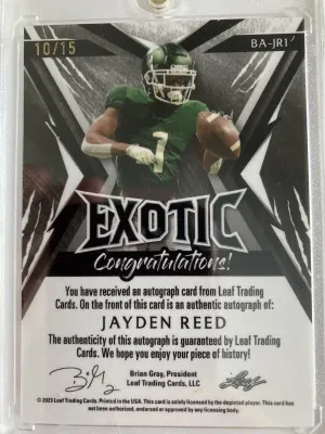 Jayden Reed 2023 Leaf Exotic Autographed Rookie 10/15 back