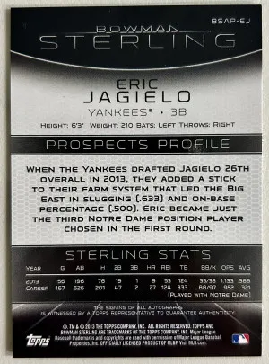 Eric Jagielo 2013 Bowman Sterling Autographs RC #BSAP-EJ New York Yankees back