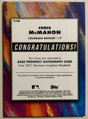 2021 Bowman Inception Chris McMahon Auto /600 Colorado Rockies PA-CMN back
