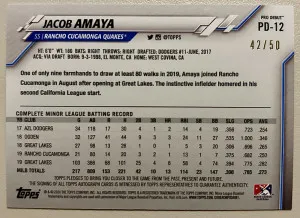 2020 Topps Pro Debut Autograph Jacob Amaya Gold Auto 42/50 MARLINS back