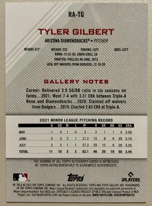 2022 Topps Gallery Rookie Autographs Tyler Gilbert RC #RA-TG Diamondbacks back
