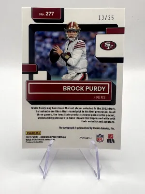 '22 Panini Donruss Optic BROCK PURDY Rated Rookie Purple Auto JERSEY MATCH 13/35 back