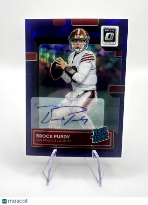 '22 Panini Donruss Optic BROCK PURDY Rated Rookie Purple Auto JERSEY MATCH 13/35 front