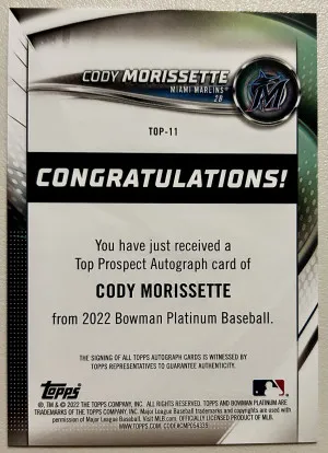 2022 Bowman Platinum Top Prospects AUTO #TOP-11 Cody Morissette Miami Marlins back