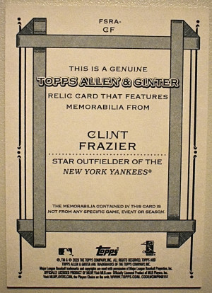 Clint Frazier 2020 Topps Allen & Ginter Relic FSRA-CF Two Toned Game Used Jersey back