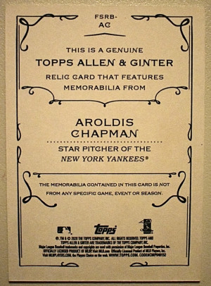 2020 Topps Allen & Ginter Aroldis Chapman #FSRB-AC Memorabilia New York Yankees back