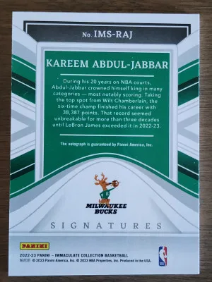 2022-23 PANINI IMMACULATE KAREEM ABDUL-JABBAR SIGNATURES #IMS-RAJ 56/75 back