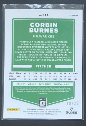 2021 Panini Donruss Optic Corbin Burnes Teal Velocity /35 #144 back