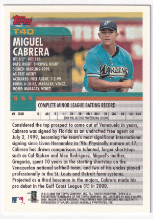 2000 Topps Traded Miguel Cabrera RC Rookie #T40 back