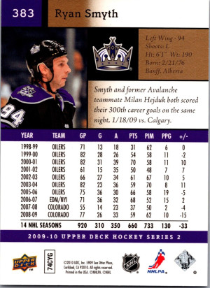 2009-10 UPPER DECK RYAN SMYTH UD EXCLUSIVES #90/100 LA KINGS #383 OILERS back