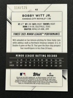 Bobby Witt Jr. 2022 Topps Finest RC #62 Green Sparkle Refractor /125 KC Royals back