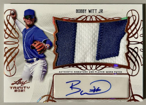 2021 Leaf Trinity Bobby Witt Jr RC Patch Auto Royals 2 Color Patch PA-BWJ RPA front