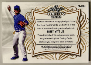 2021 Leaf Trinity Bobby Witt Jr RC Patch Auto Royals 2 Color Patch PA-BWJ RPA back