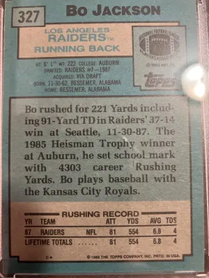 Bo Jackson 1988 Topps Rookie back