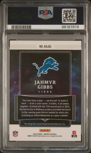 2023 Panini Origins Rookie Autographs Jahmyr Gibbs PSA 9 back